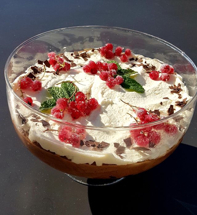 Glasschale mit Schoko-Beeren-Trifle 