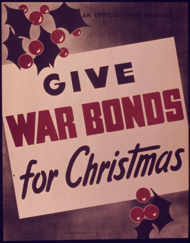 Plakat mit roter Schrift War bonds für Kriegsanleihen