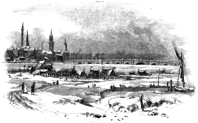 Schwarz Weiß Zeichnung Zelte Marktstände auf zugefrorener Themse