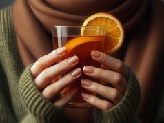 Frauenhände halten eine Tasse Tee mit einer Orangenscheibe grüner Pullover brauner Schal