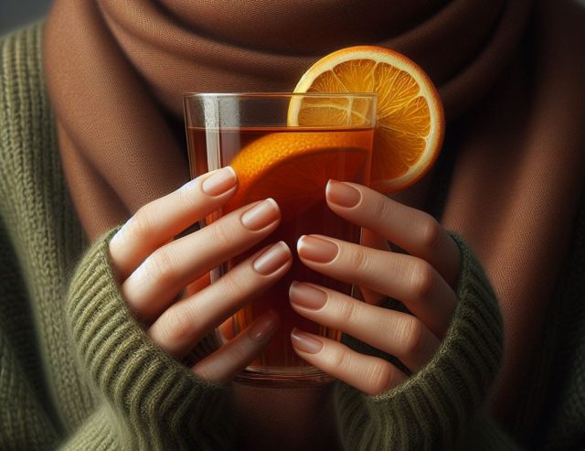 Frauenhände halten eine Tasse Tee mit einer Orangenscheibe grüner Pullover brauner Schal