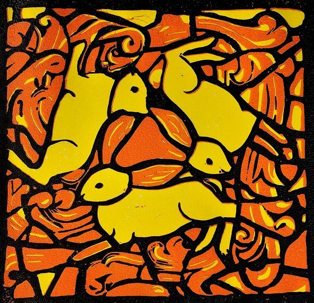 Drei Hasen Linoldruck